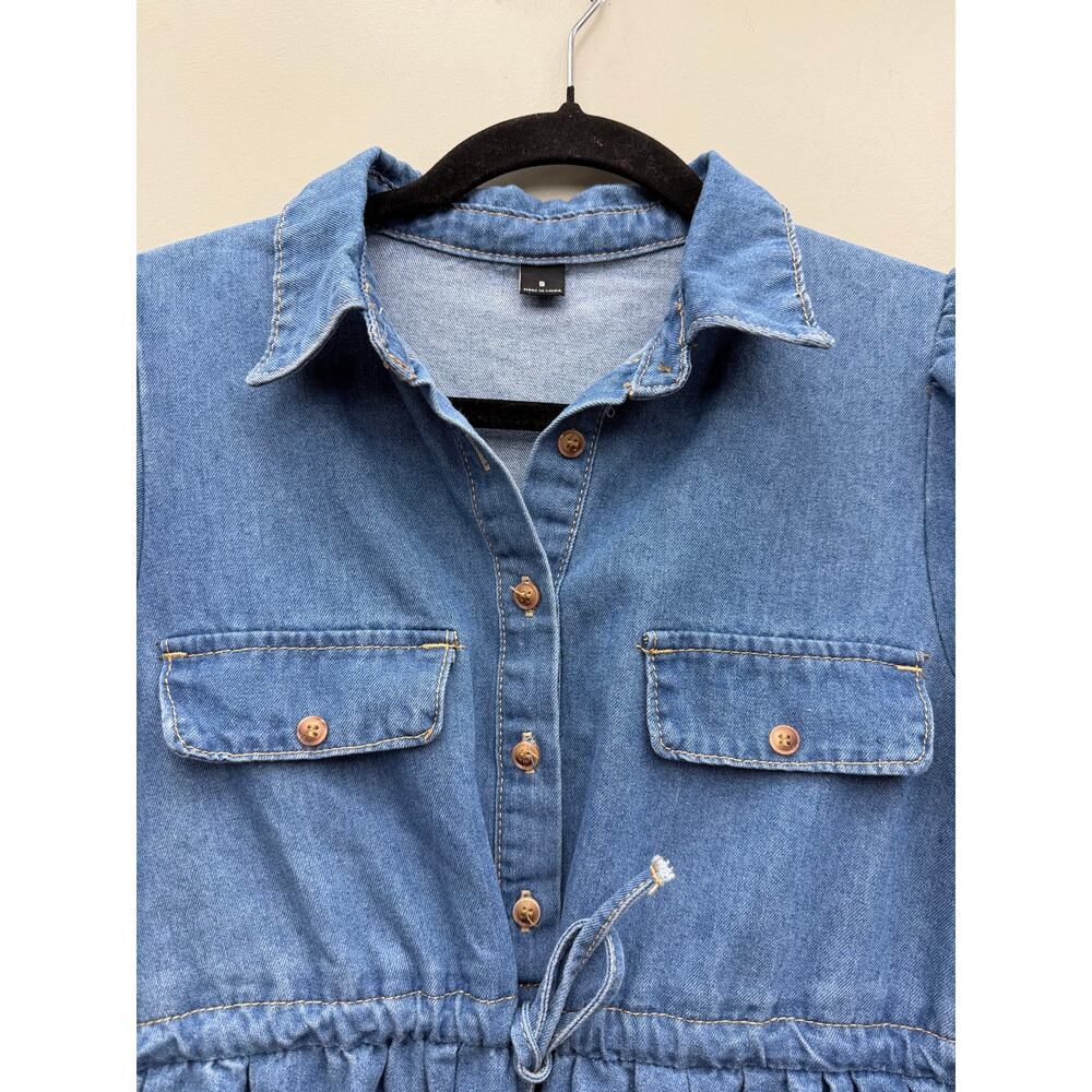 Denim Peplum Blouse Women S Puff Sleeve Babydoll Chambray Utility Cottagecore - Picture 3 of 5